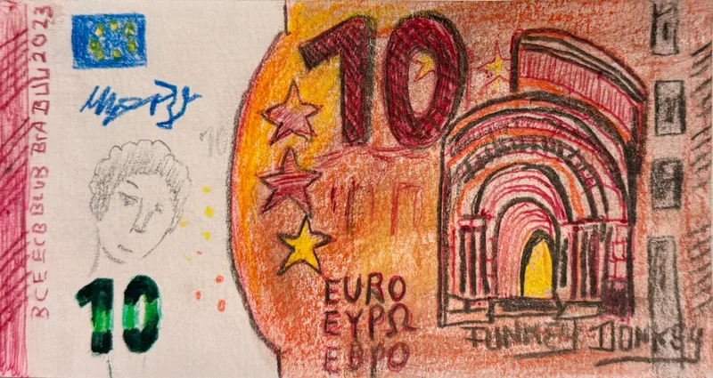 Dimitri Holzinger, Euroschein, Buntstift auf Papier
