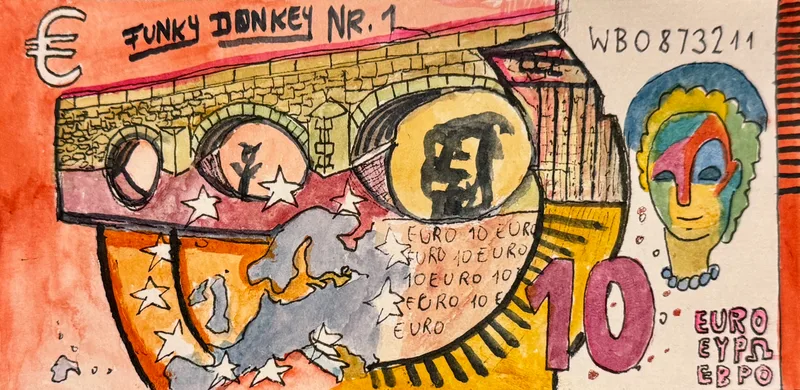Dimitri Holzinger, 10€ Schein Rückseite Nr. 1, Mixed Media auf Papier