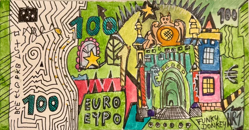 Dimitri Holzinger, 100 Euro Schein Rückseite, Mixed Media auf Papier