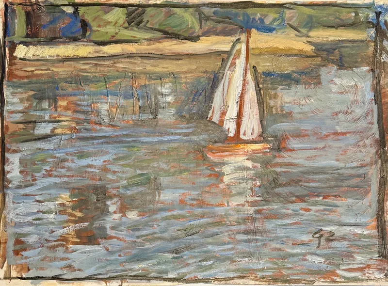 Angelina de la Quintana de Rudich, Segelboot vor Ufer, Öl auf Karton