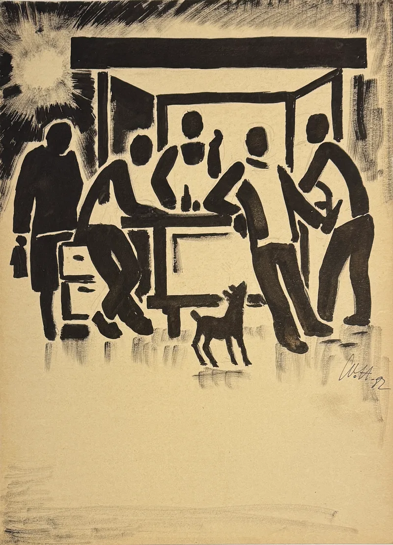 Monochrammist W.H., Lokalszene mit Hund, Tusche auf Karton