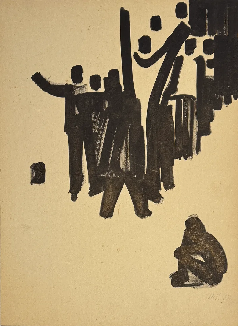 Monochrammist W.H., Straßenszene mit kauernder Person, Tusche auf Karton