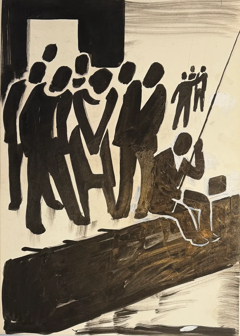 Monochrammist W.H., Uferszene mit Fischer, Tusche auf Karton