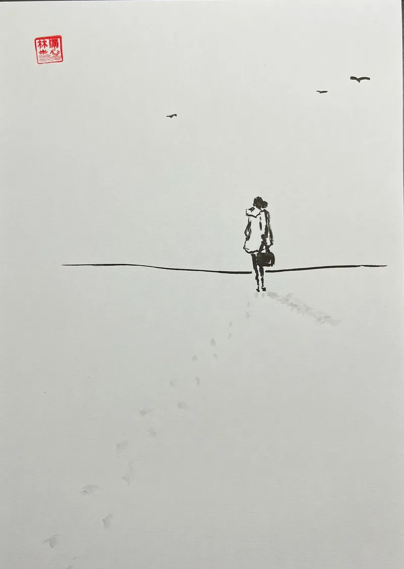 Lín Lánxīn, Am Strand, Chinesische Tusche auf Papier