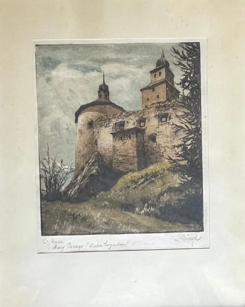 Unbekannt, Burg Tarasp Unter-Engadin, Colour etching o