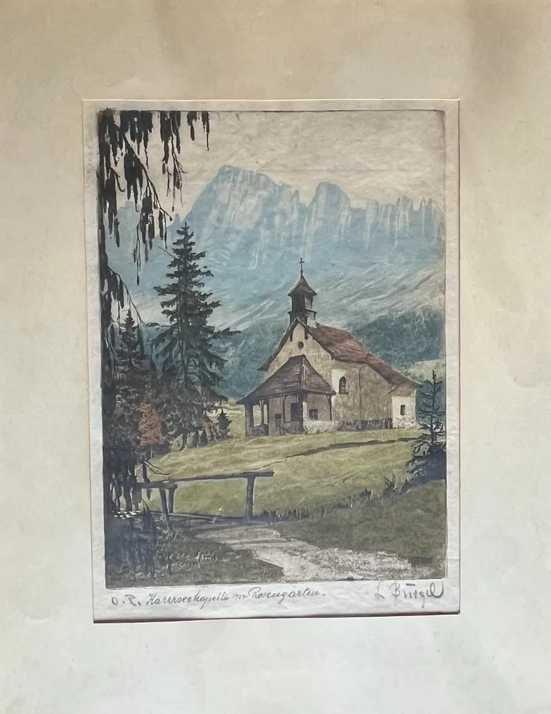 Unbekannt, Karerseekapelle Rosengarten, Colour etching o