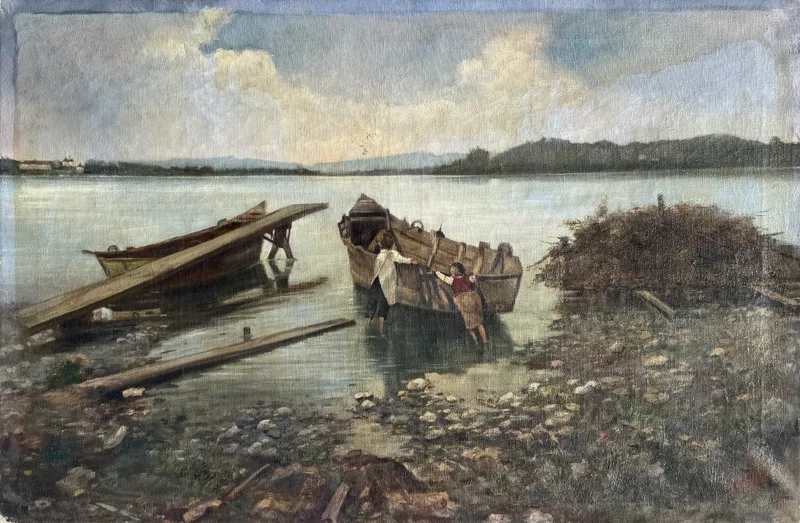 Josef Kafka, Flusslandschaft mit Kindern und Booten, Oil on canvas