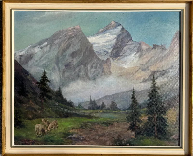 Josef Kafka, Gebirgslandschaft mit Schafen, Oil on canvas