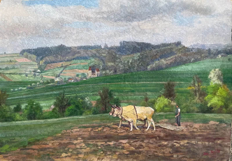 Josef Kafka, Feldbestellung mit 2 Ochsen (Mauer bei Melk, Oil on card