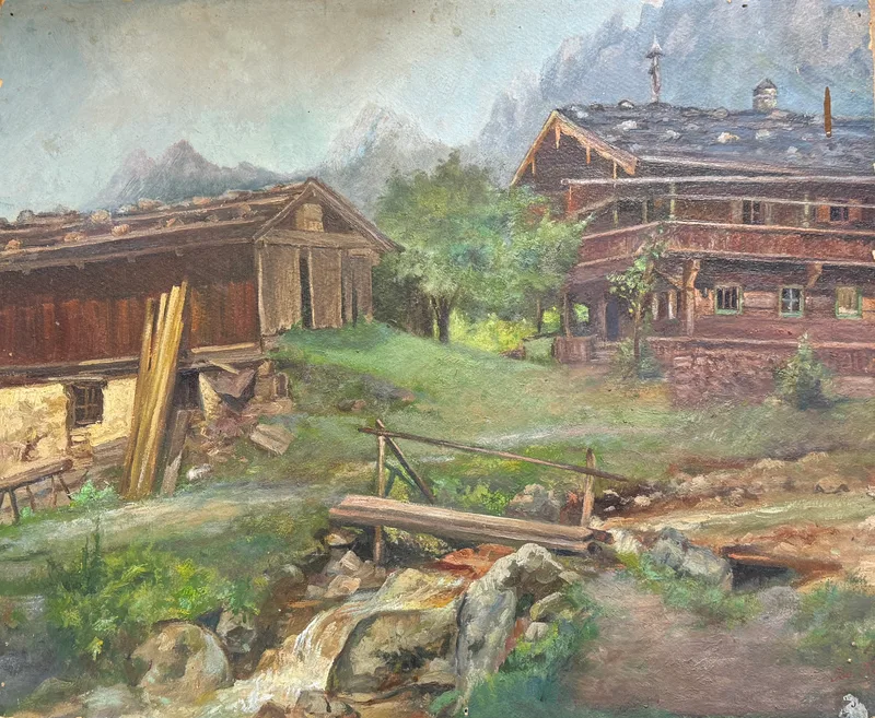 Josef Kafka, Gehöft mit Bach und Brücke, Oil on card