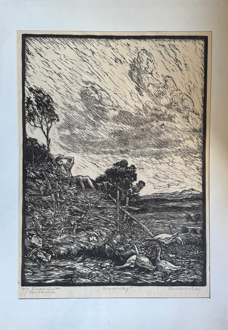 Karl Borschke, Sommertag, Linocut hand print for the Gr. Dt. Kunstausstellung 1938 in the Haus der Dt. Kunst in Munich 1938 o