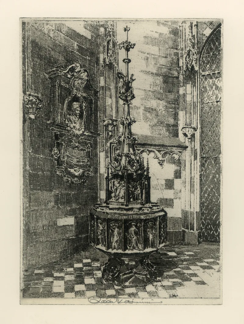 Raoul Kasimir, Stephansdom Wien, gotisches Taufbecken, Radierung