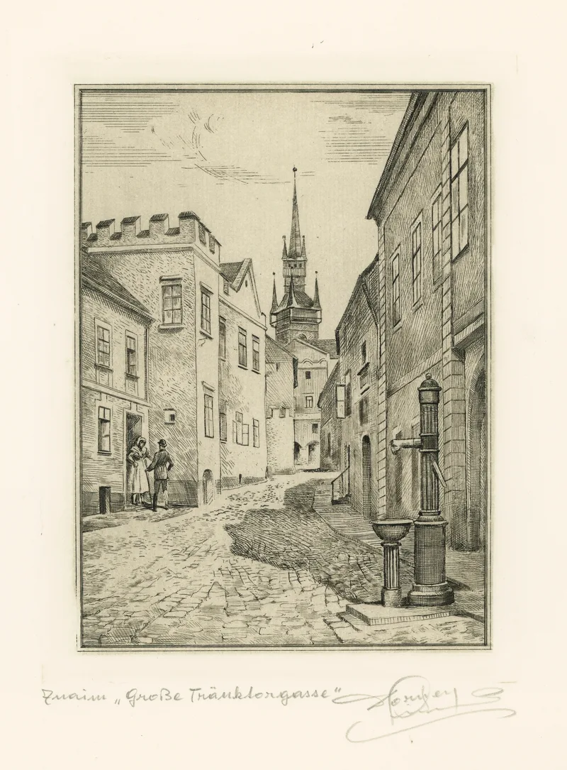 Ferdinand Dorner, Znaim, Große Tränktorgasse, Radierung